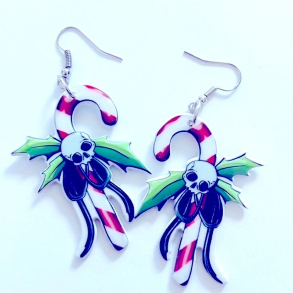 Skull Candy Cane Holiday Earrings, NWT